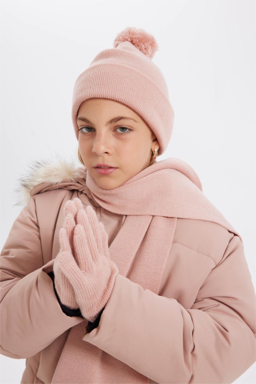FILLES Rose Ensemble écharpe, bonnet et gants en tricot pour Fille