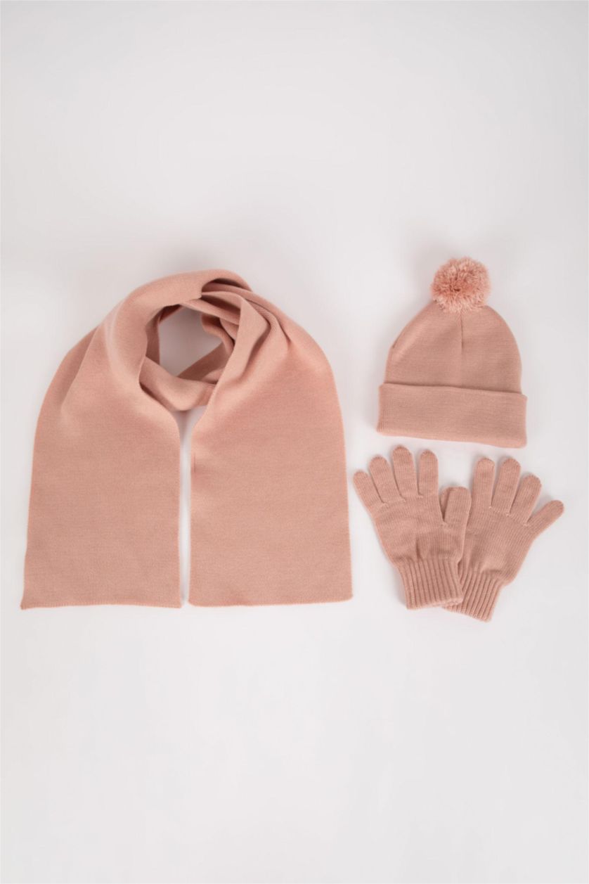 FILLES Rose Ensemble écharpe, bonnet et gants en tricot pour Fille