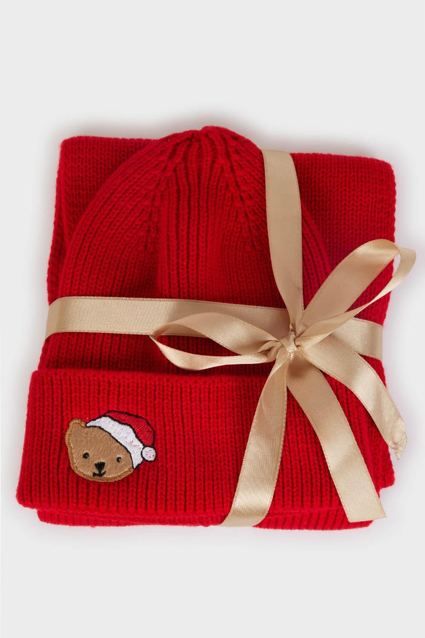 Kız Çocuk - Genç Kız Kırmızı Kız Çocuk Yılbaşı Temalı 2'li Takım Triko Atkı Bere