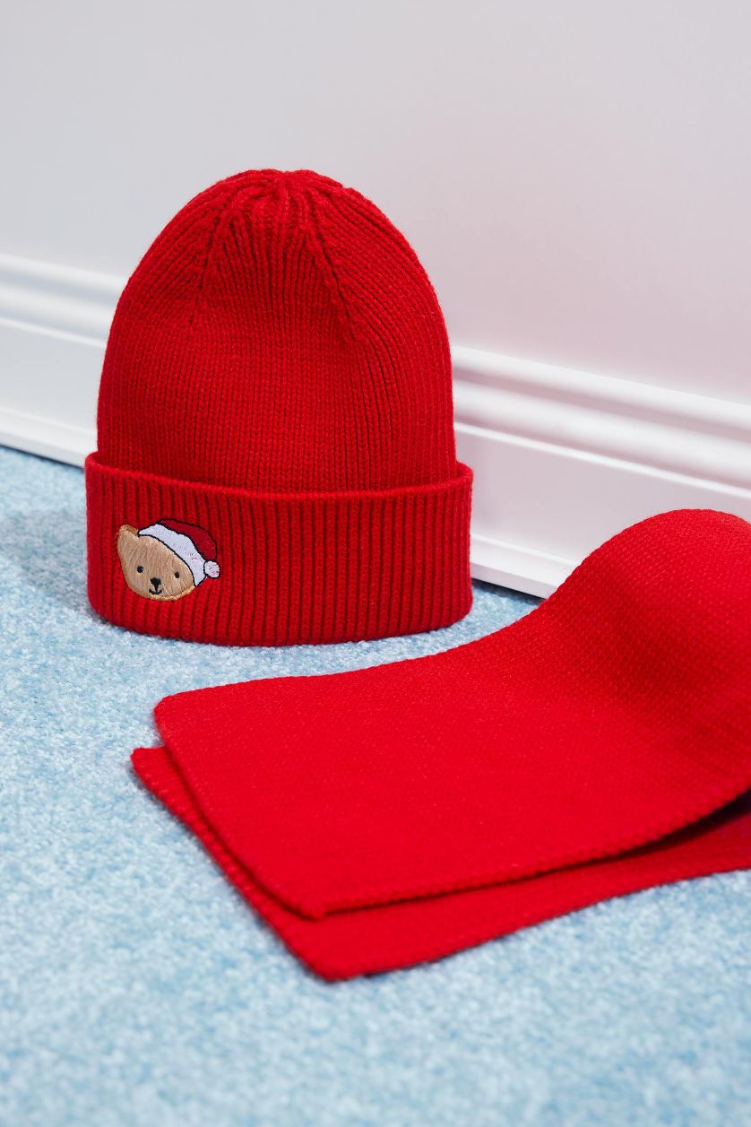 Kız Çocuk - Genç Kız Kırmızı Kız Çocuk Yılbaşı Temalı 2'li Takım Triko Atkı Bere