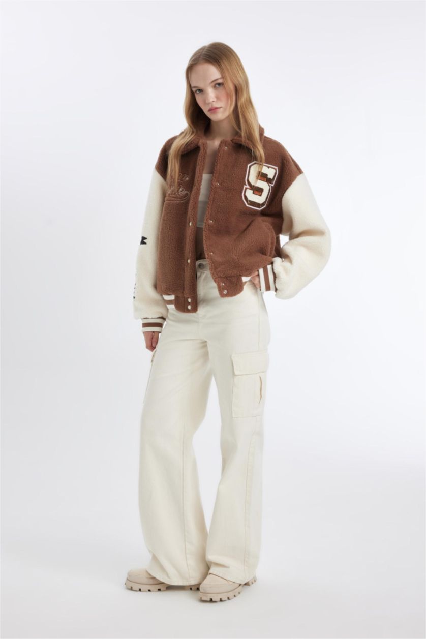 WOMAN Light Brown Coool Oversize Fit Plush Bomber Jacket
