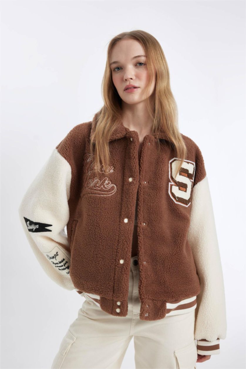 WOMAN Light Brown Coool Oversize Fit Plush Bomber Jacket