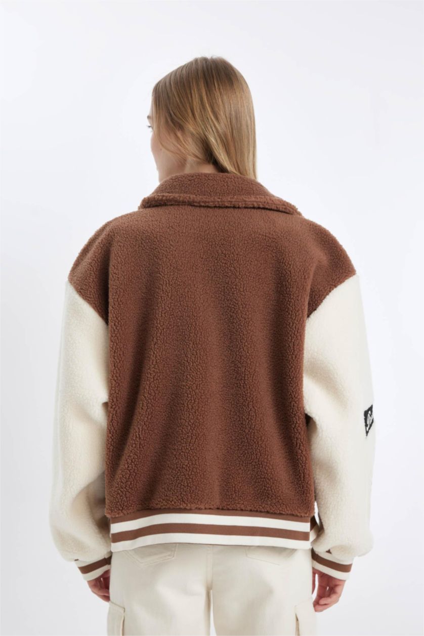 WOMAN Light Brown Coool Oversize Fit Plush Bomber Jacket