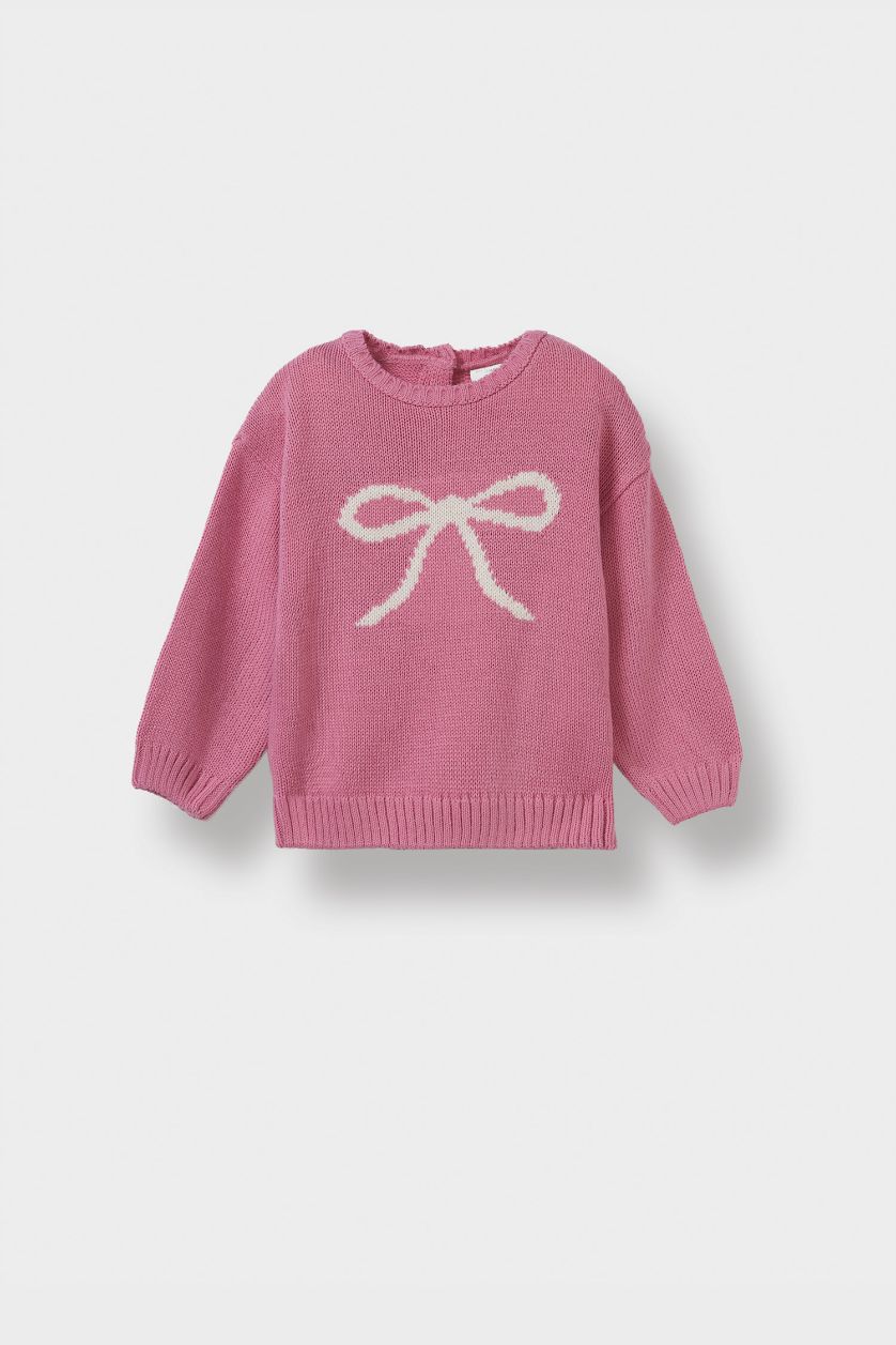 BÉBÉ FILLE Rose Pull en tricot imprimé à col rond pour bébé fille