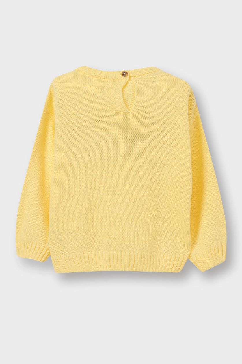 Kız Bebek Açık Sarı Bisiklet Yaka Çiçekli Triko Kazak Kız Bebek