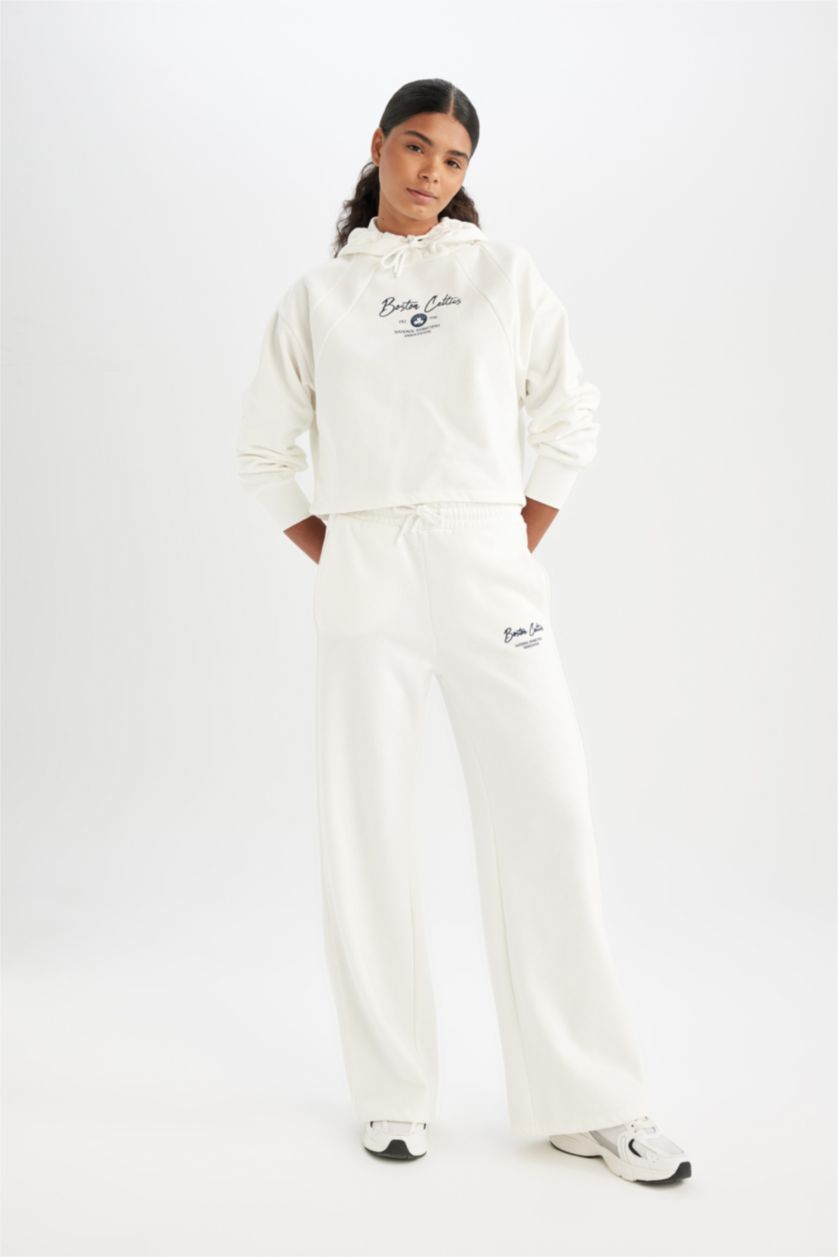 Kadın Ekru DeFactoFit Wide Leg Geniş Paça Eşofman Altı NBA Boston Celtics Cepli Standart Boy