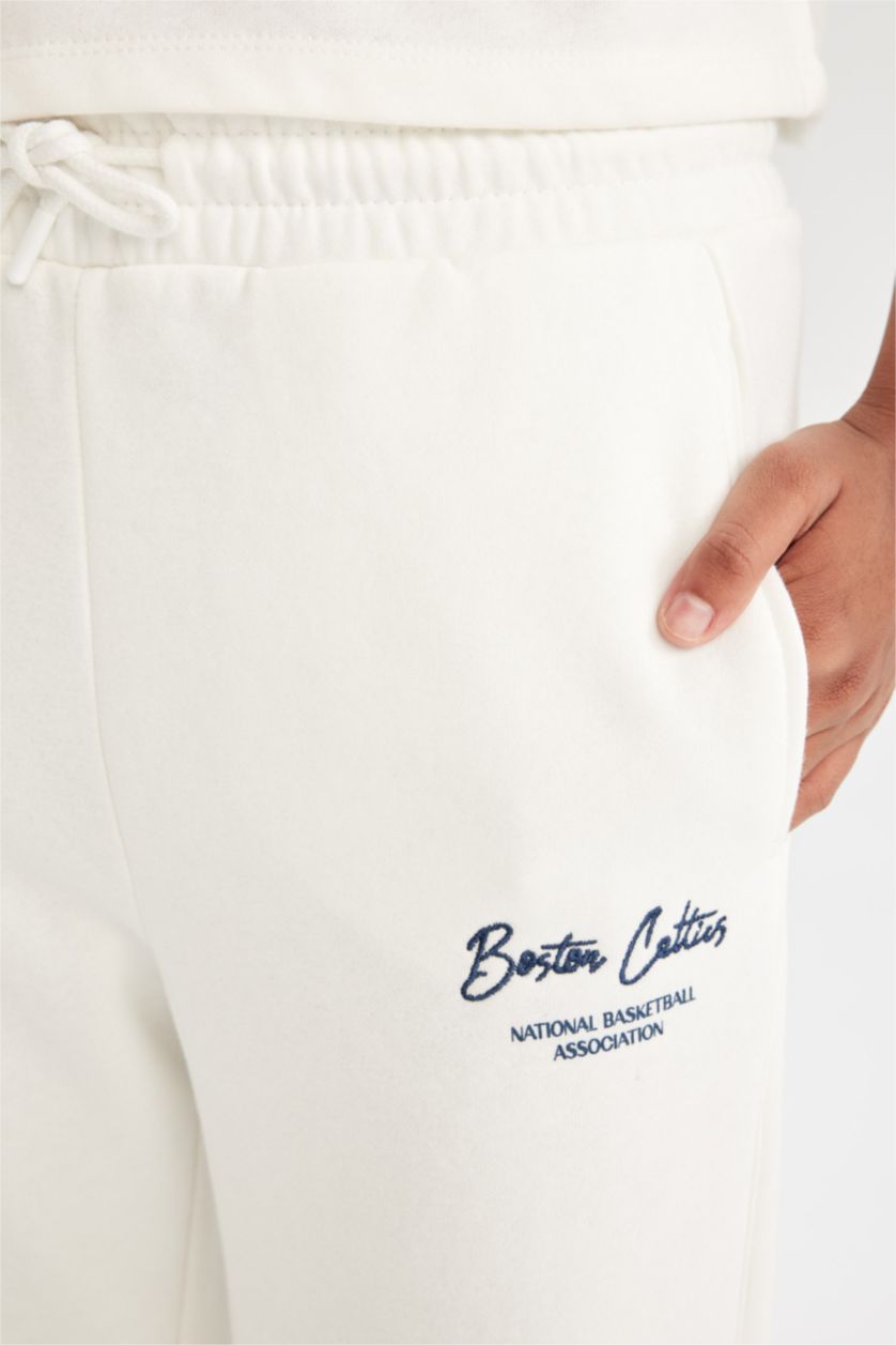 Kadın Ekru DeFactoFit Wide Leg Geniş Paça Eşofman Altı NBA Boston Celtics Cepli Standart Boy