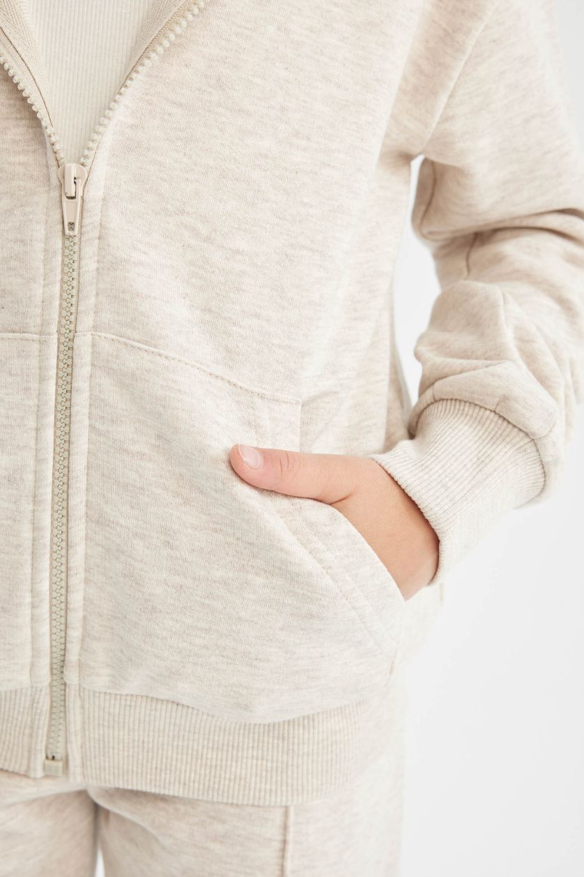 Девочки и подростки Бежевый меланж Кардиган с капюшоном на молнии для девочек, Школьная коллекция
