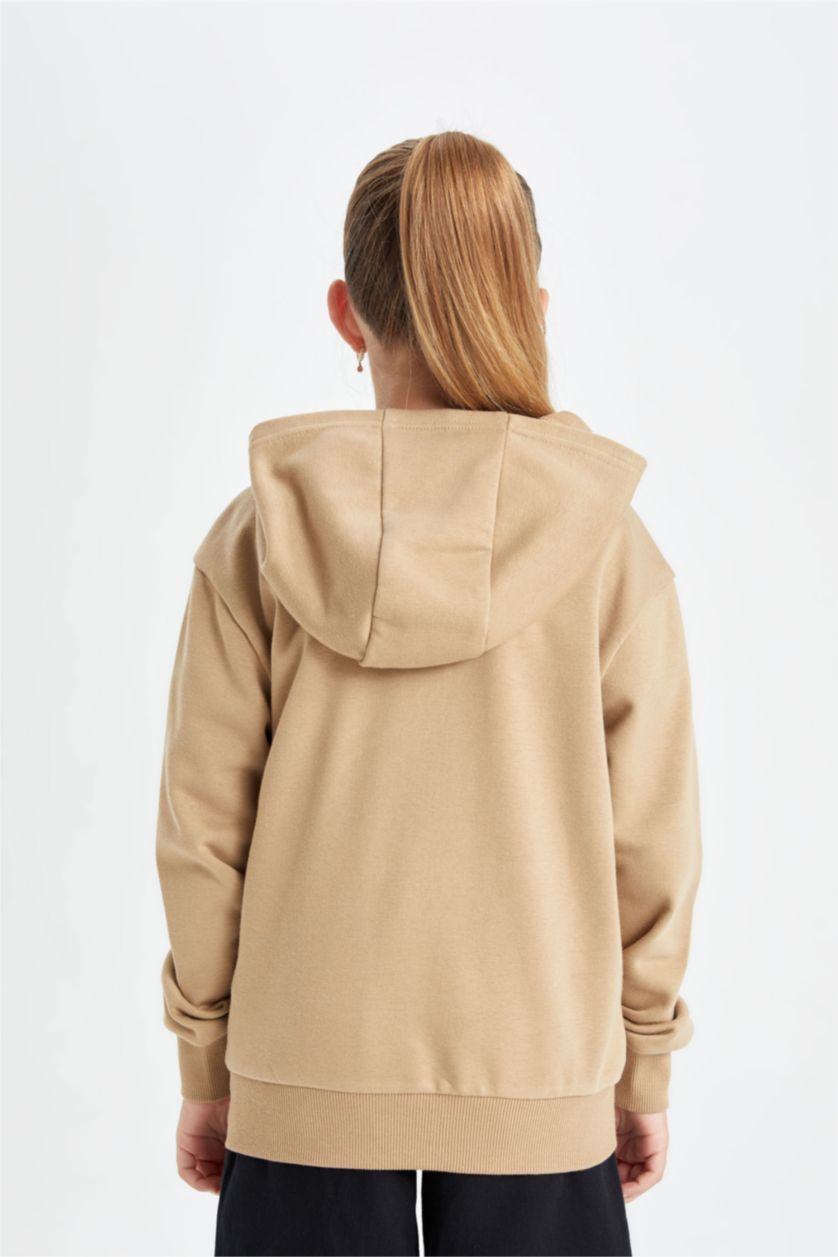 Девочки и подростки Бежевый Кардиган с капюшоном на молнии для девочек, Школьная коллекция