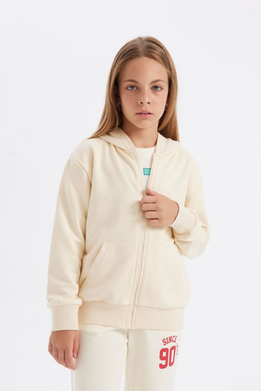 Девочки и подростки Бежевый Кардиган с капюшоном на молнии для девочек, Школьная коллекция