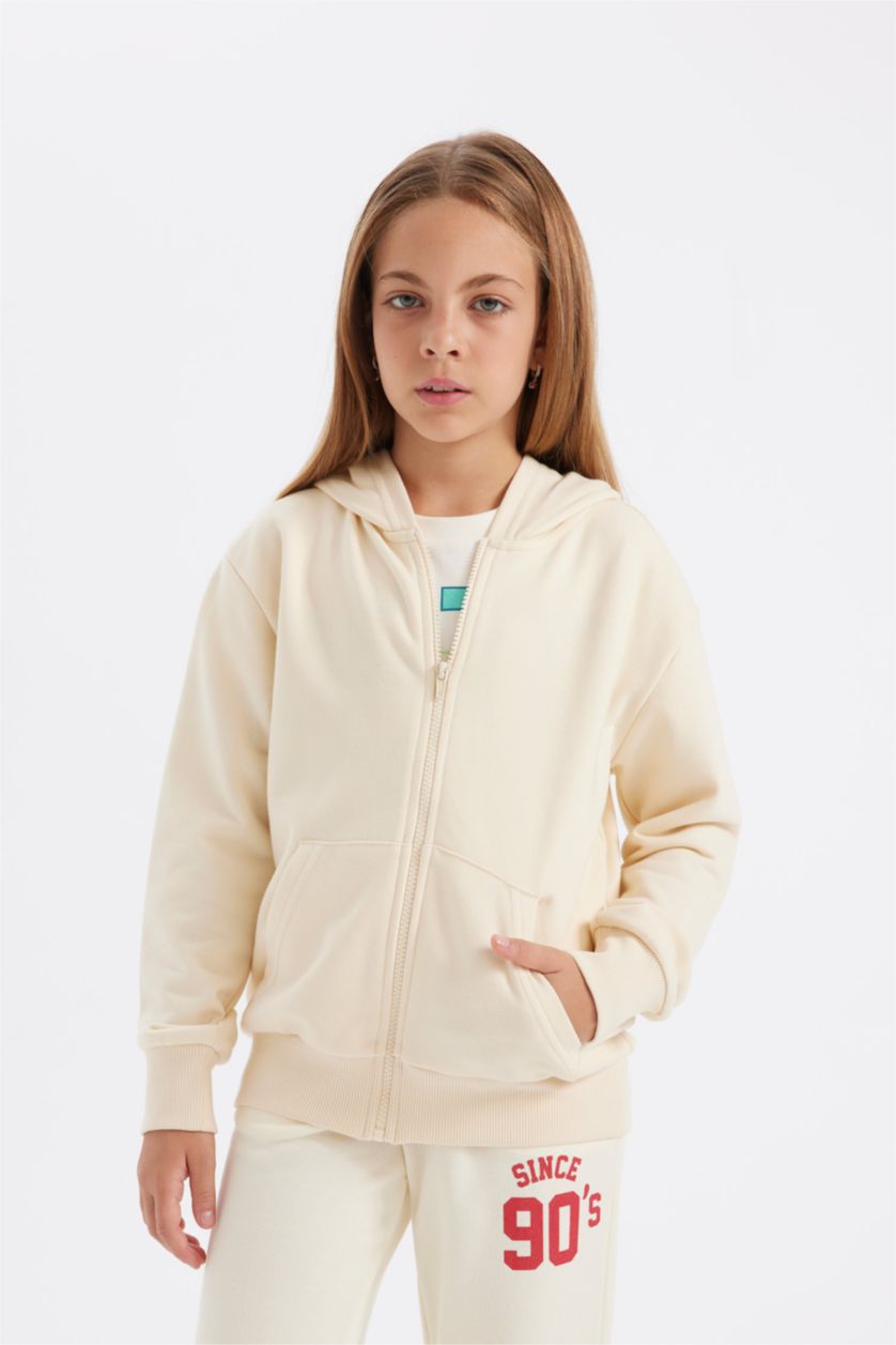 Девочки и подростки Бежевый Кардиган с капюшоном на молнии для девочек, Школьная коллекция