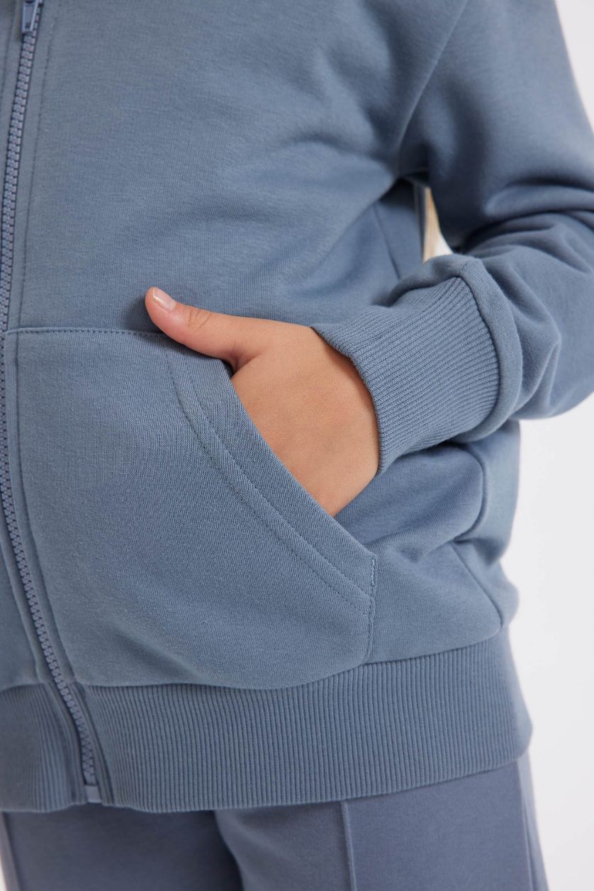 Kız Çocuk - Genç Kız Gri Kız Çocuk Basic Düz Kapüşonlu Cepli Fermuarlı Okul Hırkası