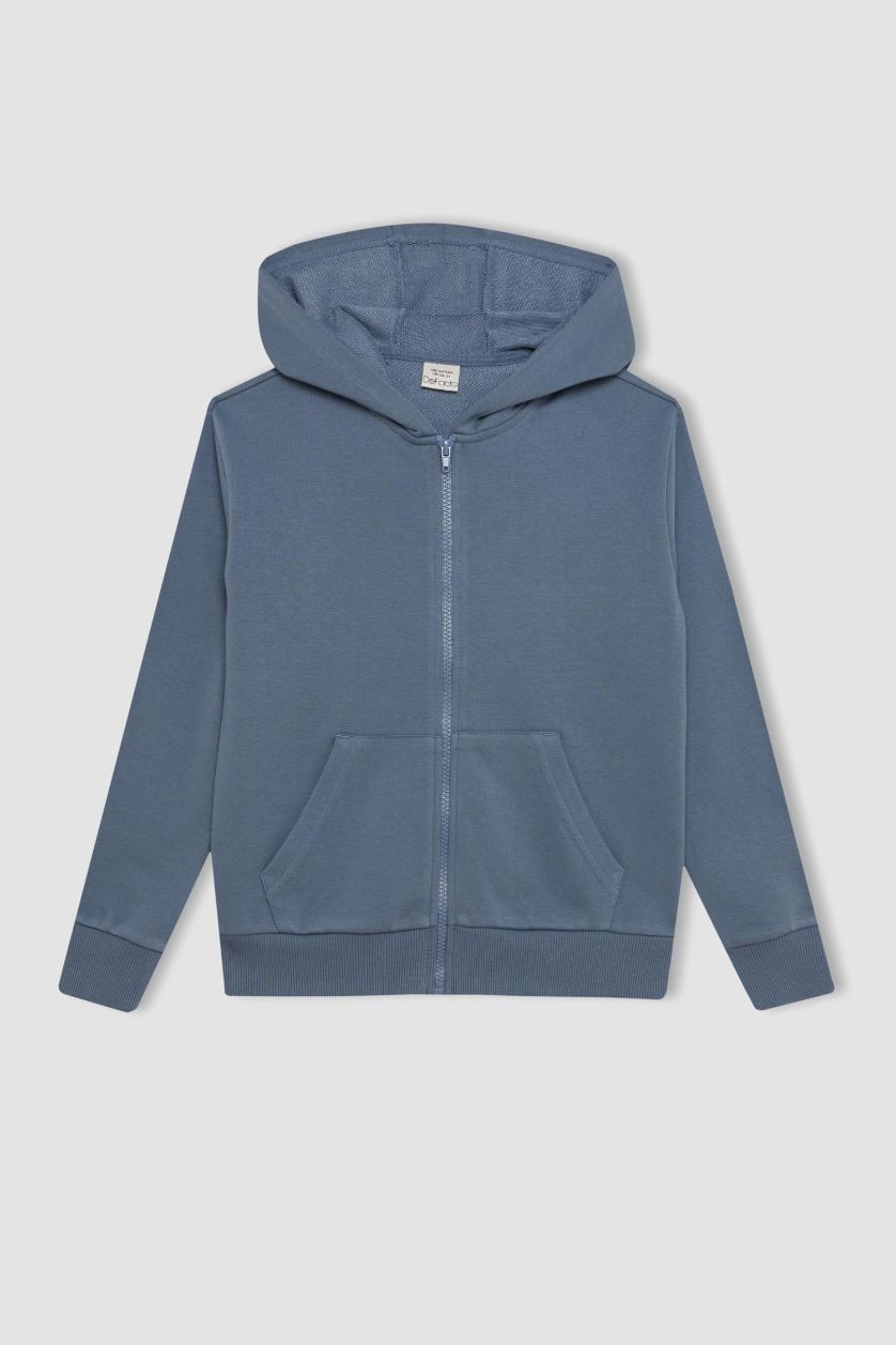 Kız Çocuk - Genç Kız Gri Kız Çocuk Basic Düz Kapüşonlu Cepli Fermuarlı Okul Hırkası