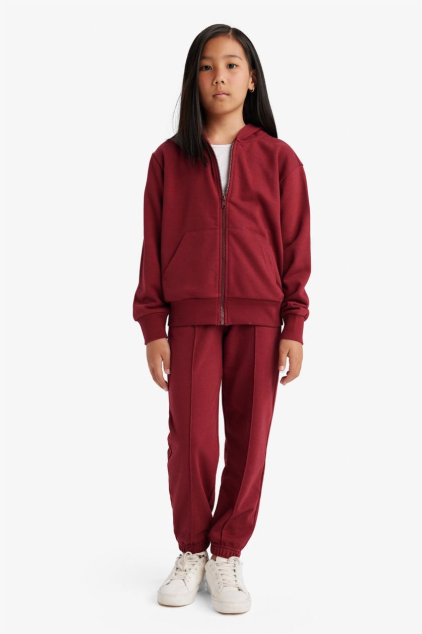 Kız Çocuk - Genç Kız Bordo Basic Düz Kapüşonlu Okul Fermuarlı Sweatshirt Kız Çocuk