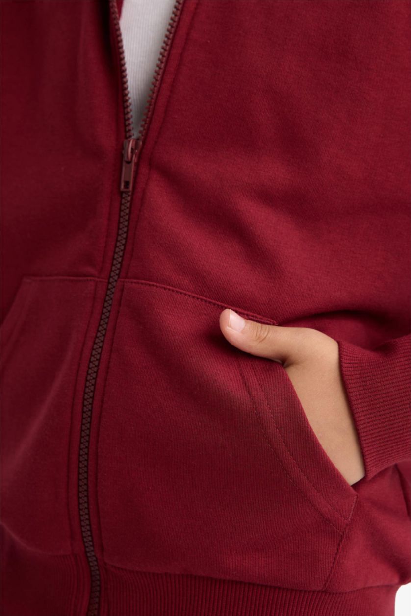 Kız Çocuk - Genç Kız Bordo Basic Düz Kapüşonlu Okul Fermuarlı Sweatshirt Kız Çocuk