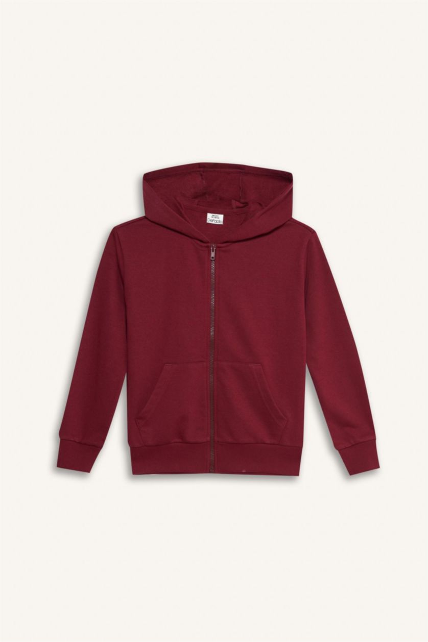 Kız Çocuk - Genç Kız Bordo Basic Düz Kapüşonlu Okul Fermuarlı Sweatshirt Kız Çocuk