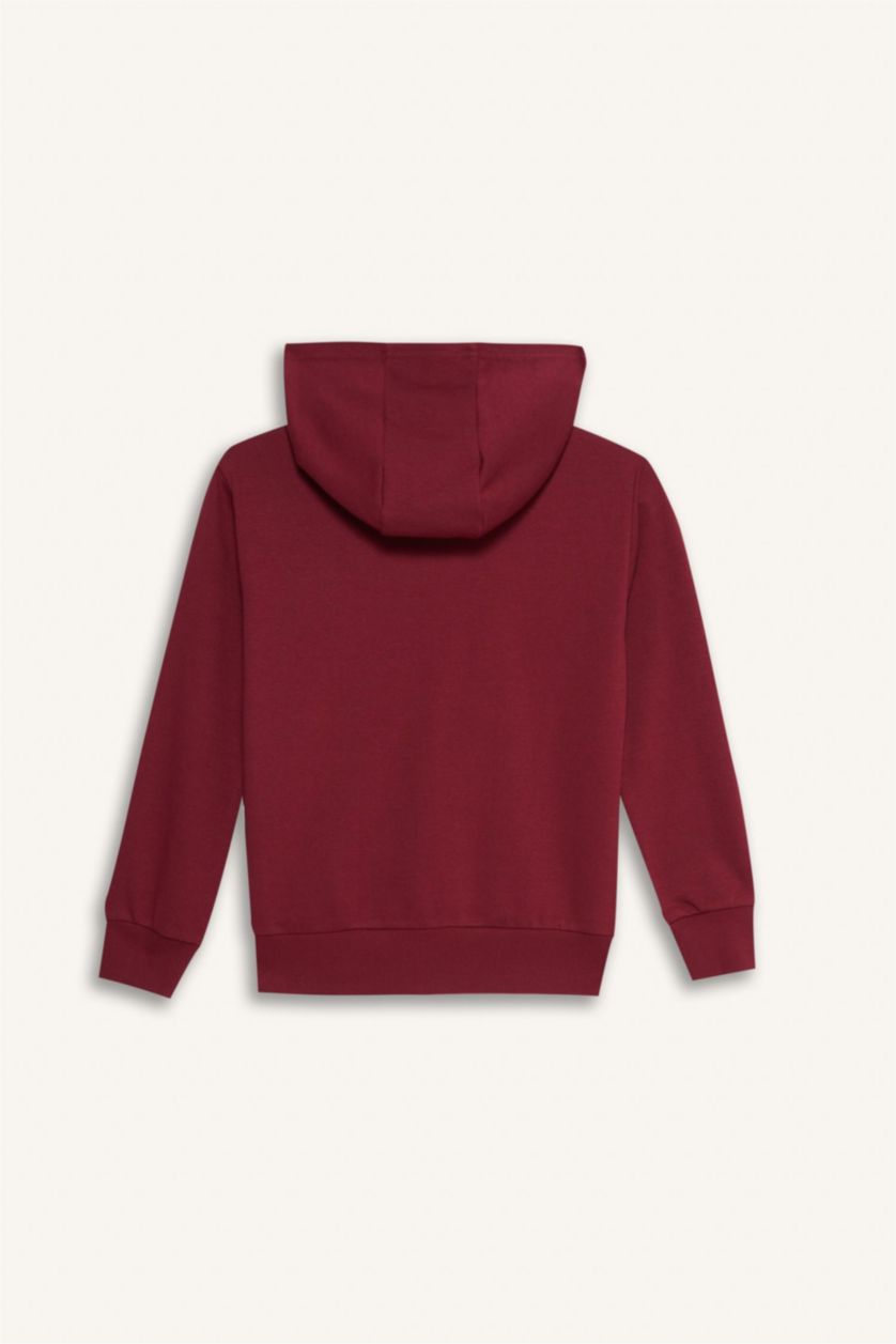 Kız Çocuk - Genç Kız Bordo Basic Düz Kapüşonlu Okul Fermuarlı Sweatshirt Kız Çocuk