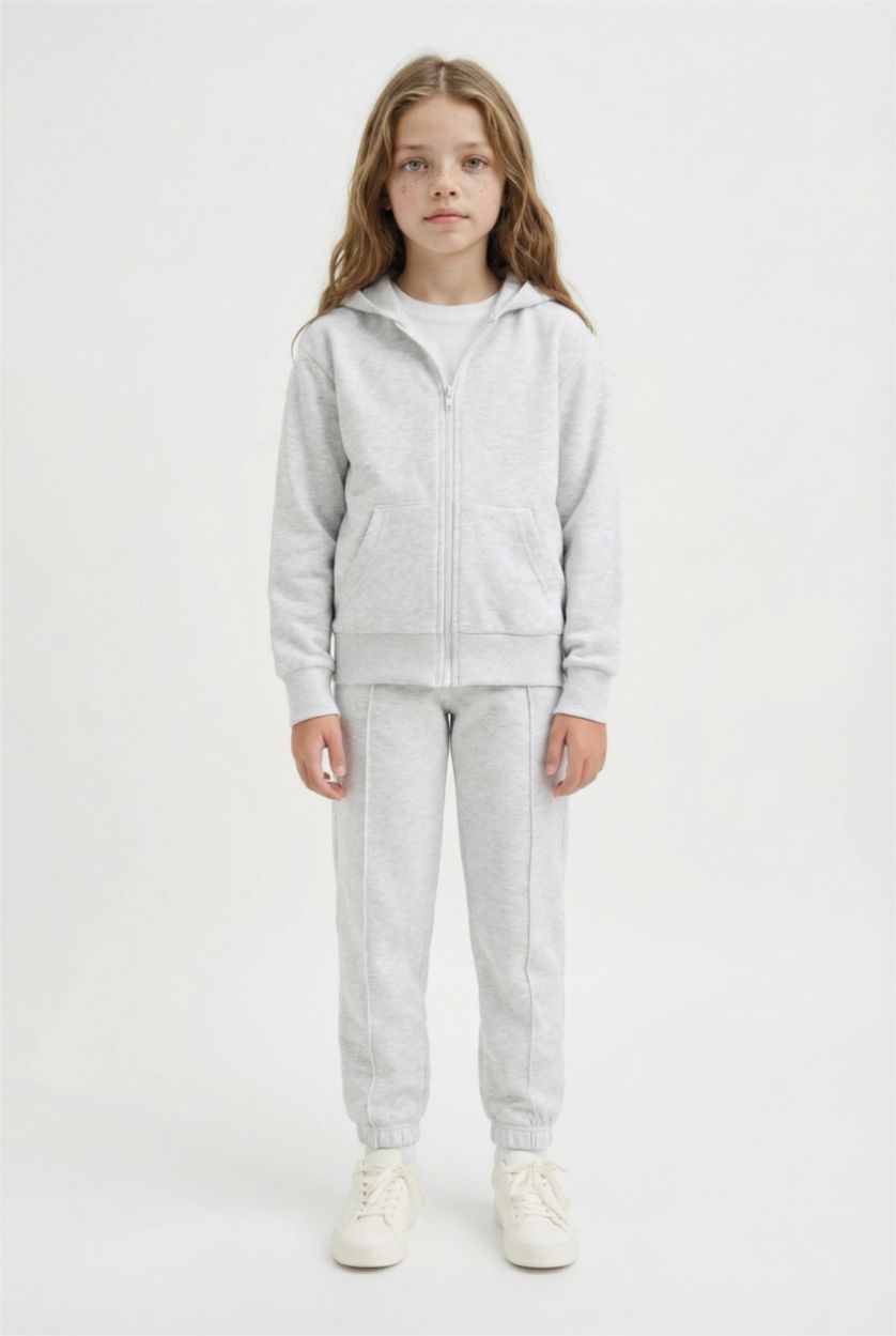 GIRLS & TEENS Light Grey Melange Girl Basic Zip-Up Hoodie