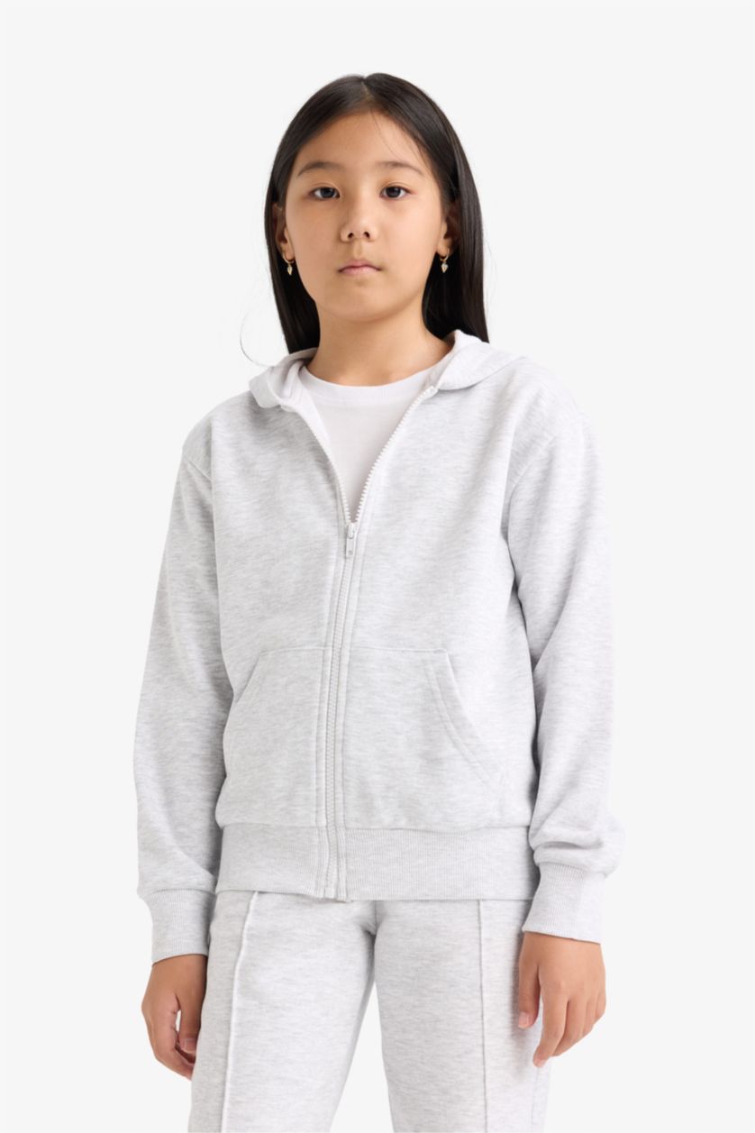 GIRLS & TEENS Light Grey Melange Girl Basic Zip-Up Hoodie