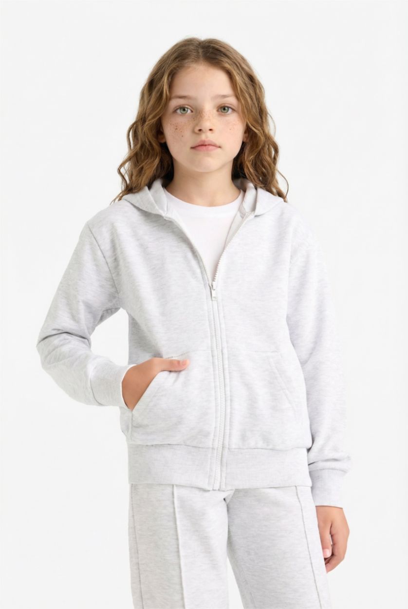 GIRLS & TEENS Light Grey Melange Girl Basic Zip-Up Hoodie