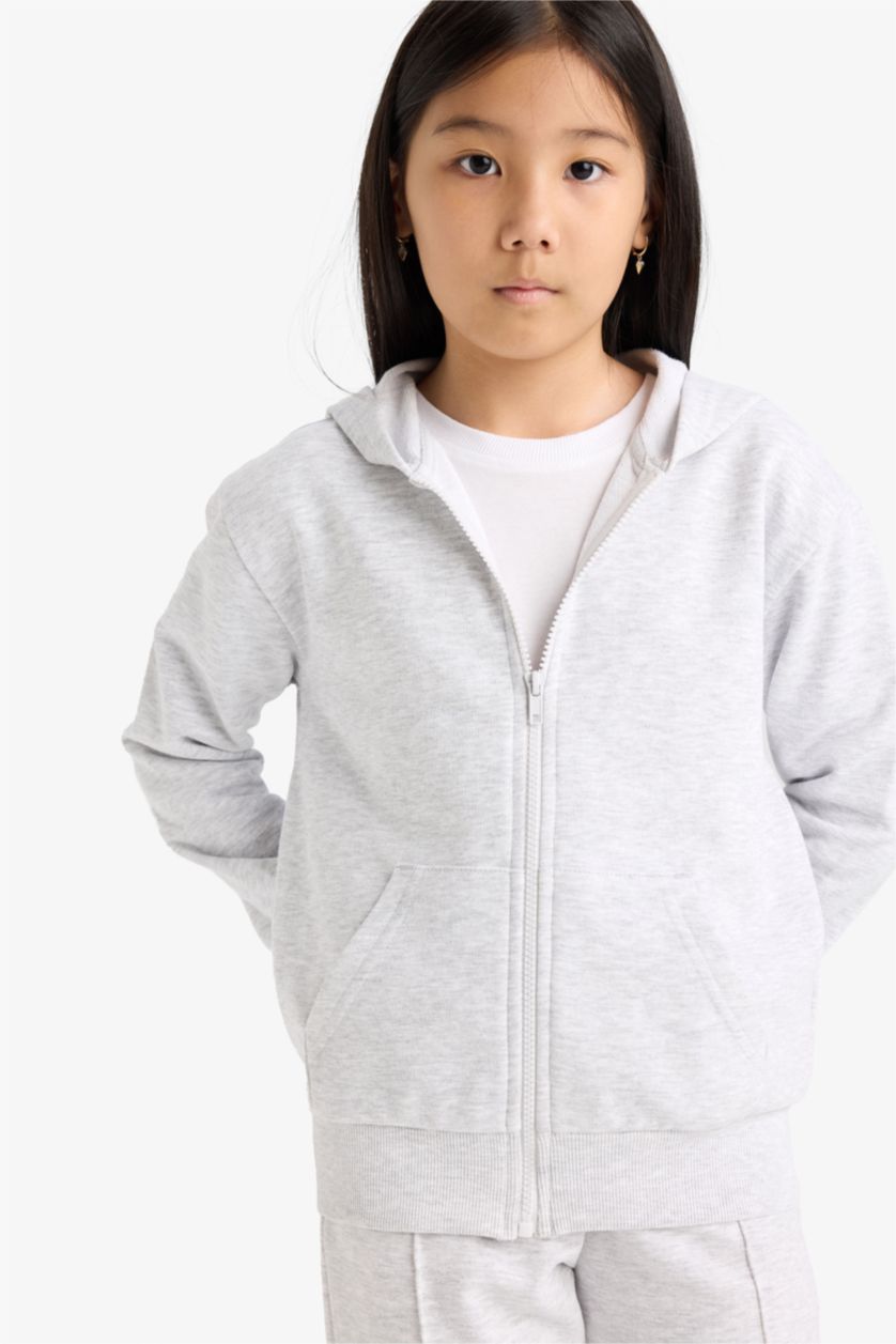 GIRLS & TEENS Light Grey Melange Girl Basic Zip-Up Hoodie