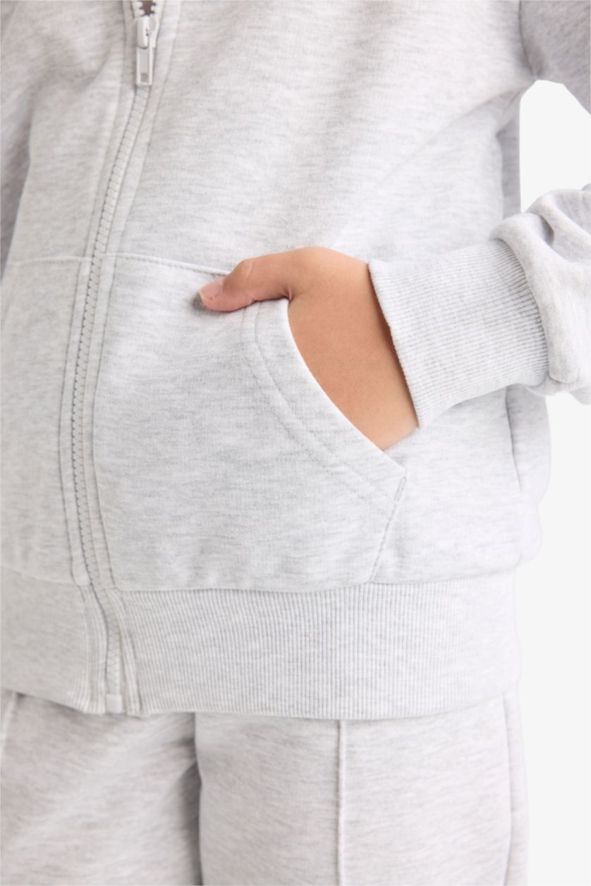 GIRLS & TEENS Light Grey Melange Girl Basic Zip-Up Hoodie