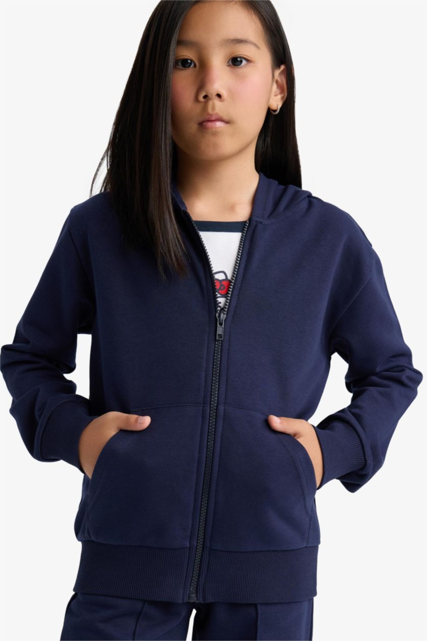 Kız Çocuk - Genç Kız Lacivert Basic Düz Kapüşonlu Okul Fermuarlı Sweatshirt Kız Çocuk