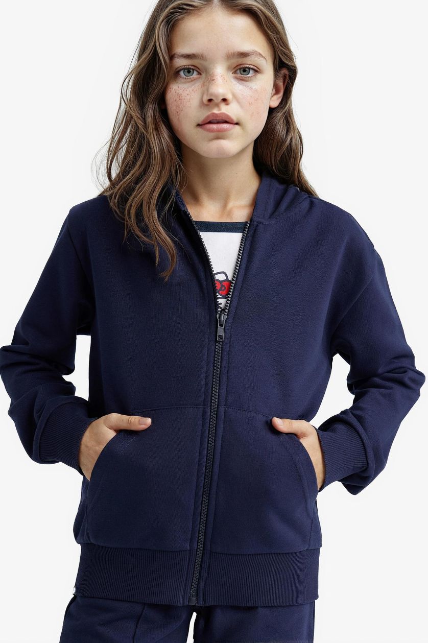 Kız Çocuk - Genç Kız Lacivert Basic Düz Kapüşonlu Okul Fermuarlı Sweatshirt Kız Çocuk
