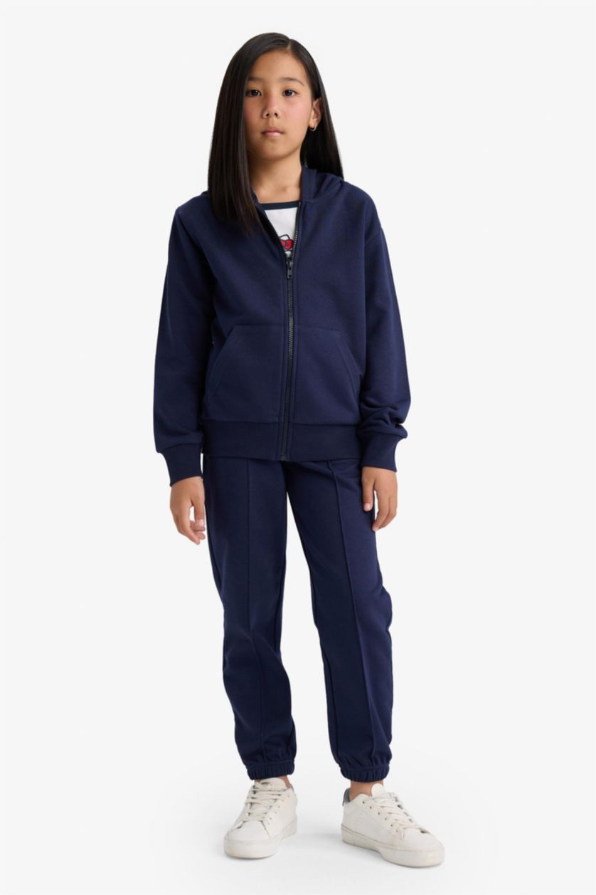 Kız Çocuk - Genç Kız Lacivert Basic Düz Kapüşonlu Okul Fermuarlı Sweatshirt Kız Çocuk
