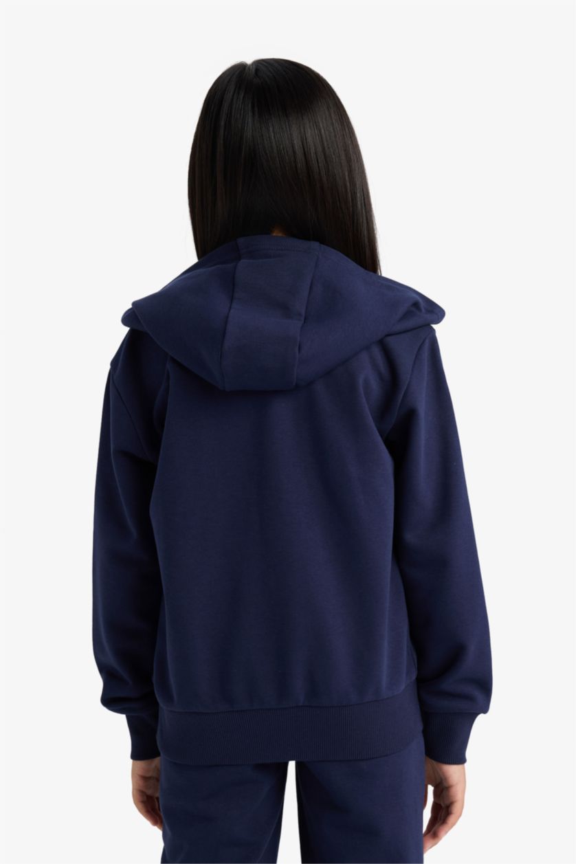 Kız Çocuk - Genç Kız Lacivert Basic Düz Kapüşonlu Okul Fermuarlı Sweatshirt Kız Çocuk
