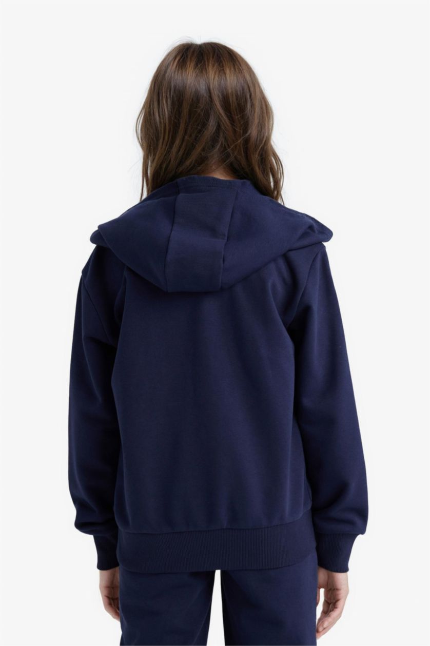 Kız Çocuk - Genç Kız Lacivert Basic Düz Kapüşonlu Okul Fermuarlı Sweatshirt Kız Çocuk