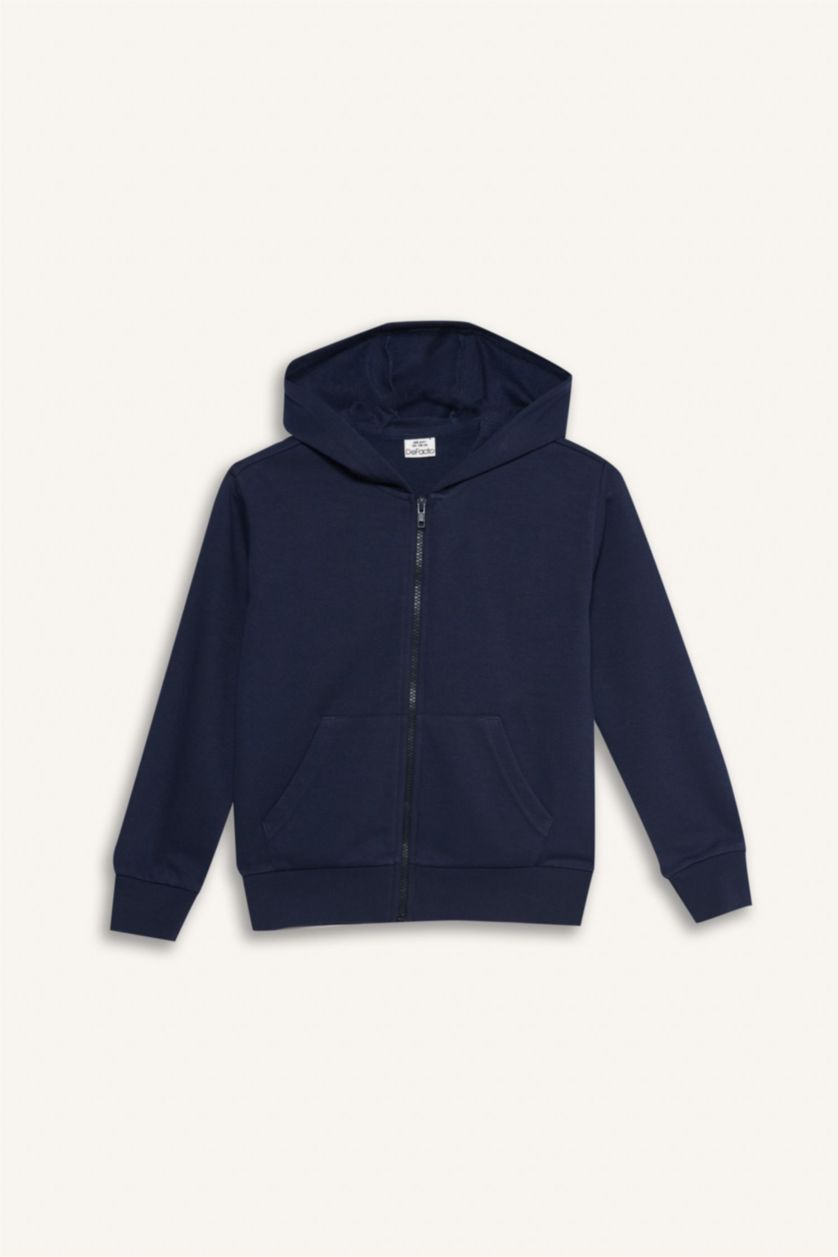Kız Çocuk - Genç Kız Lacivert Basic Düz Kapüşonlu Okul Fermuarlı Sweatshirt Kız Çocuk