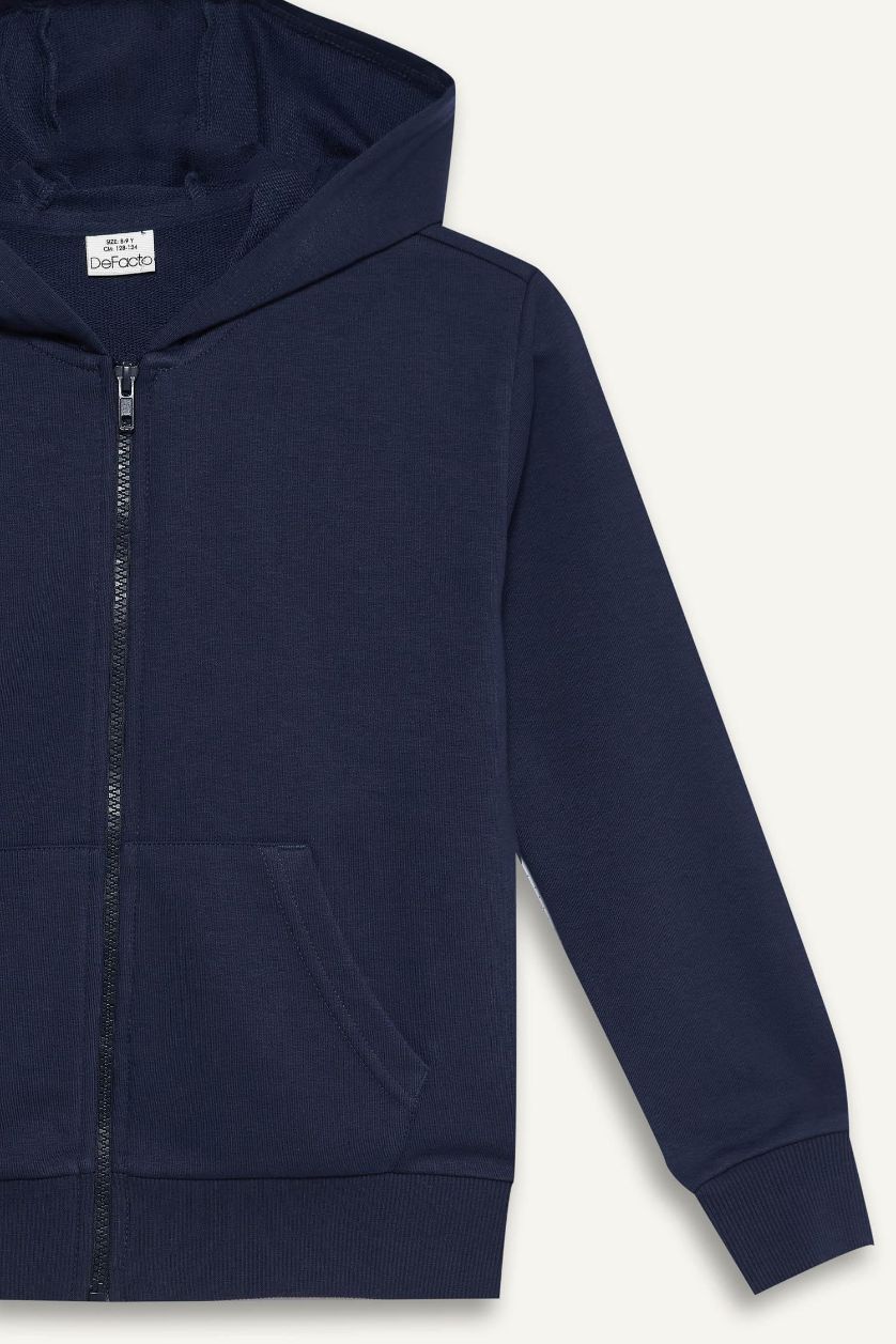 Kız Çocuk - Genç Kız Lacivert Basic Düz Kapüşonlu Okul Fermuarlı Sweatshirt Kız Çocuk