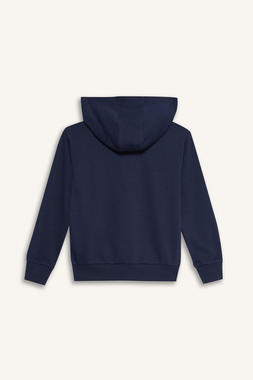Kız Çocuk - Genç Kız Lacivert Basic Düz Kapüşonlu Okul Fermuarlı Sweatshirt Kız Çocuk