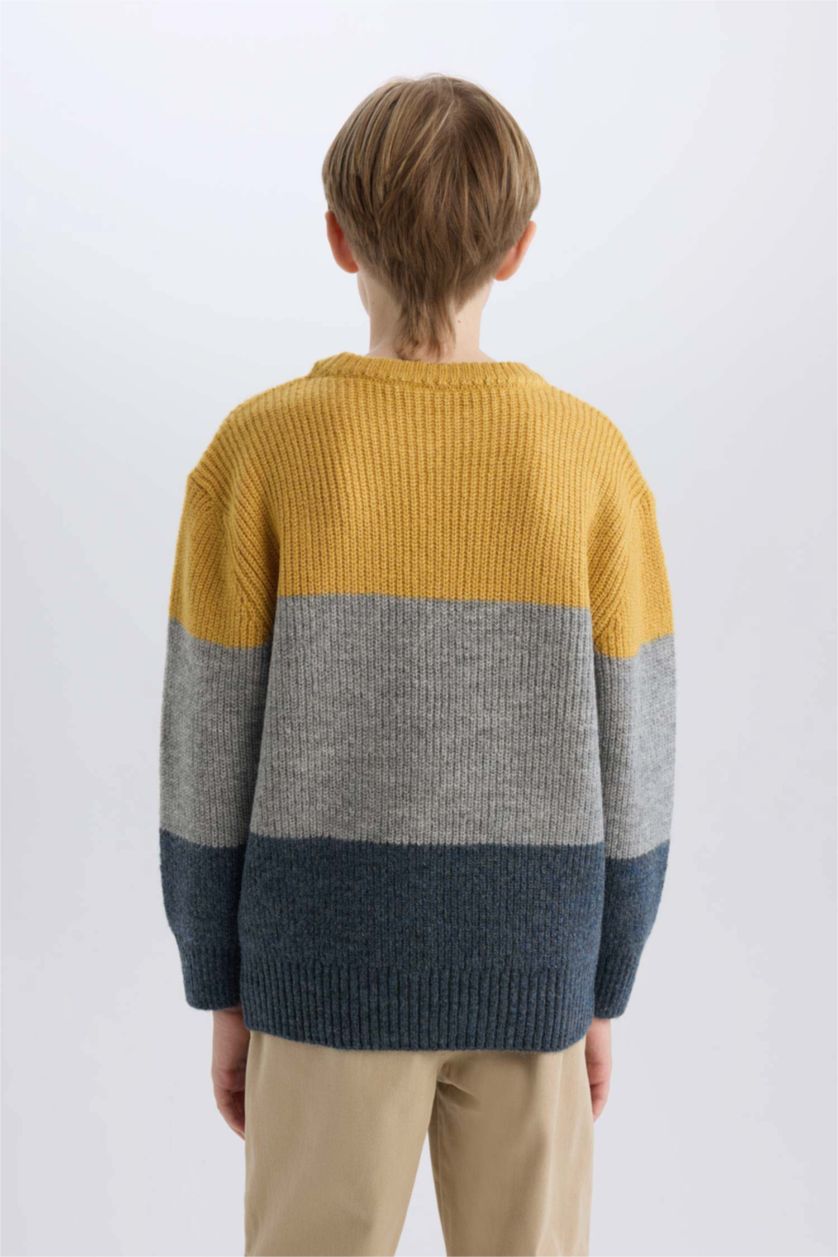 Erkek Çocuk - Genç Erkek Koyu Gri Melange Bisiklet Yaka Renk Bloklu Triko Kazak Erkek Çocuk