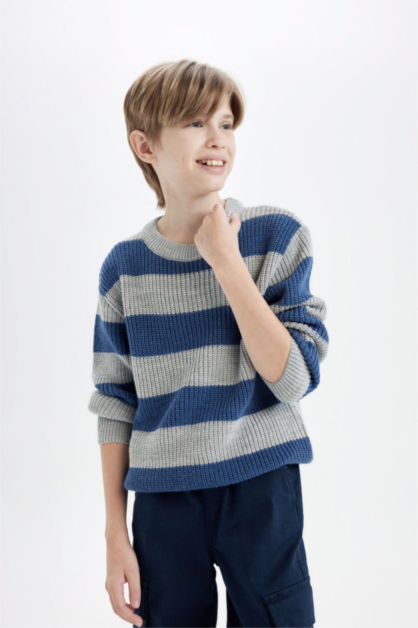 GARÇONS Gris Foncé Pull en Tricot Rayé à Col rond pour Garçon