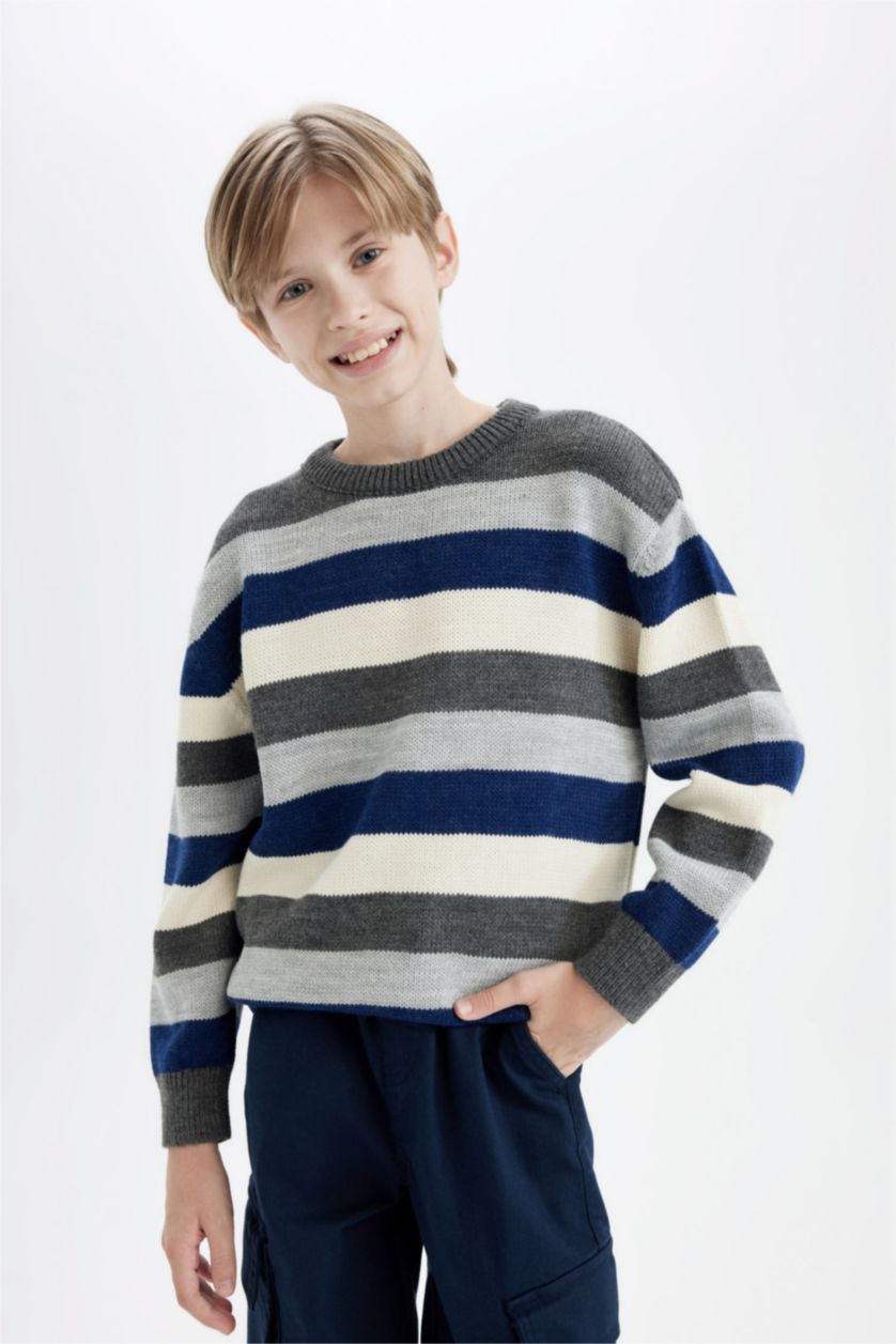 GARÇONS Marin Pull en tricot à Col rond Rayé pour Garçon