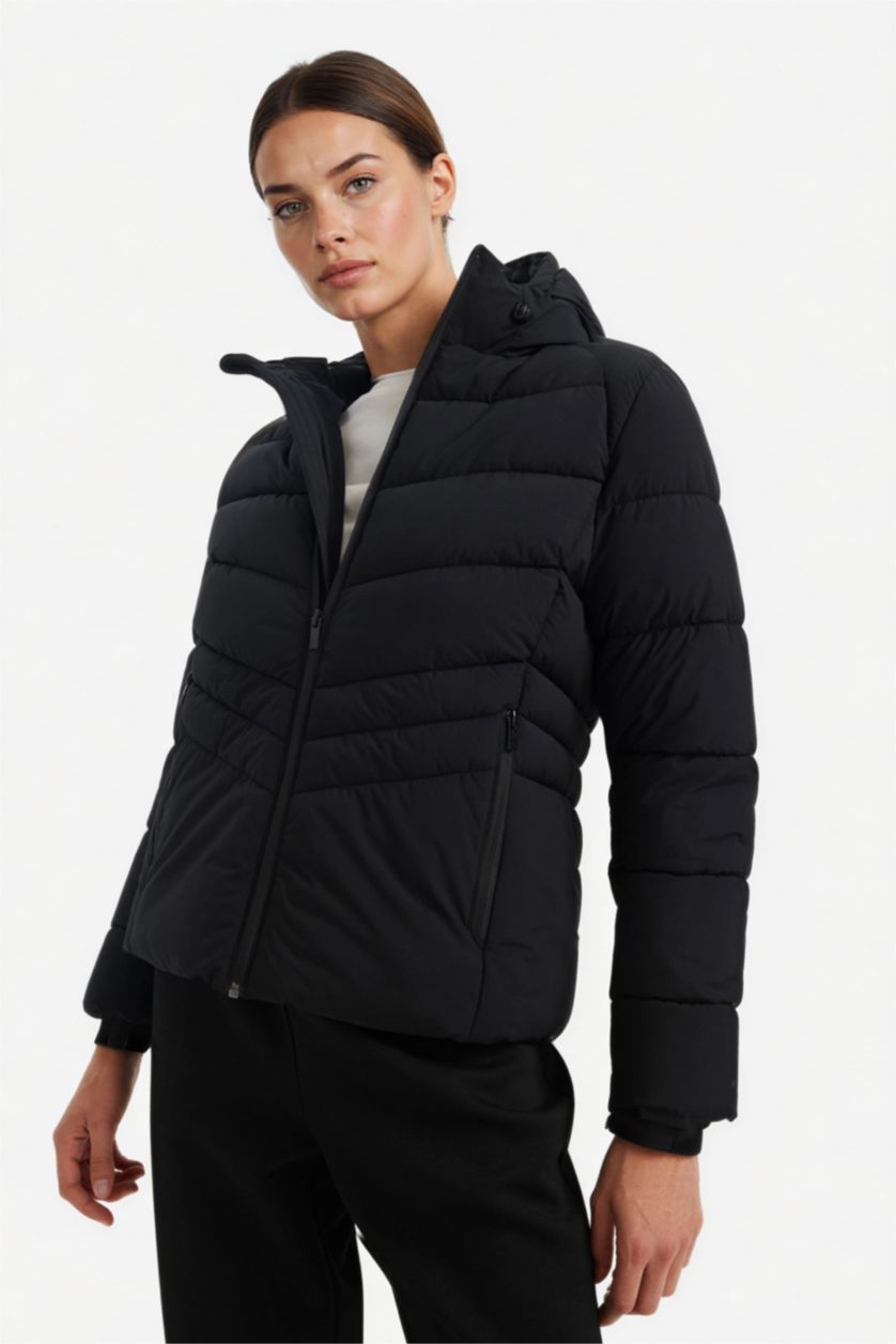 WOMAN Black Waterproof Regular Fit Hooded Zip-Up Puffer Jacket