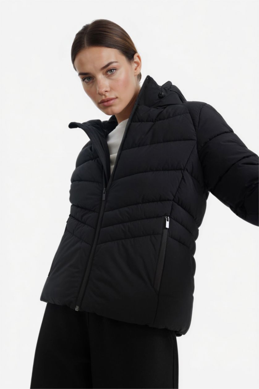 WOMAN Black Waterproof Regular Fit Hooded Zip-Up Puffer Jacket