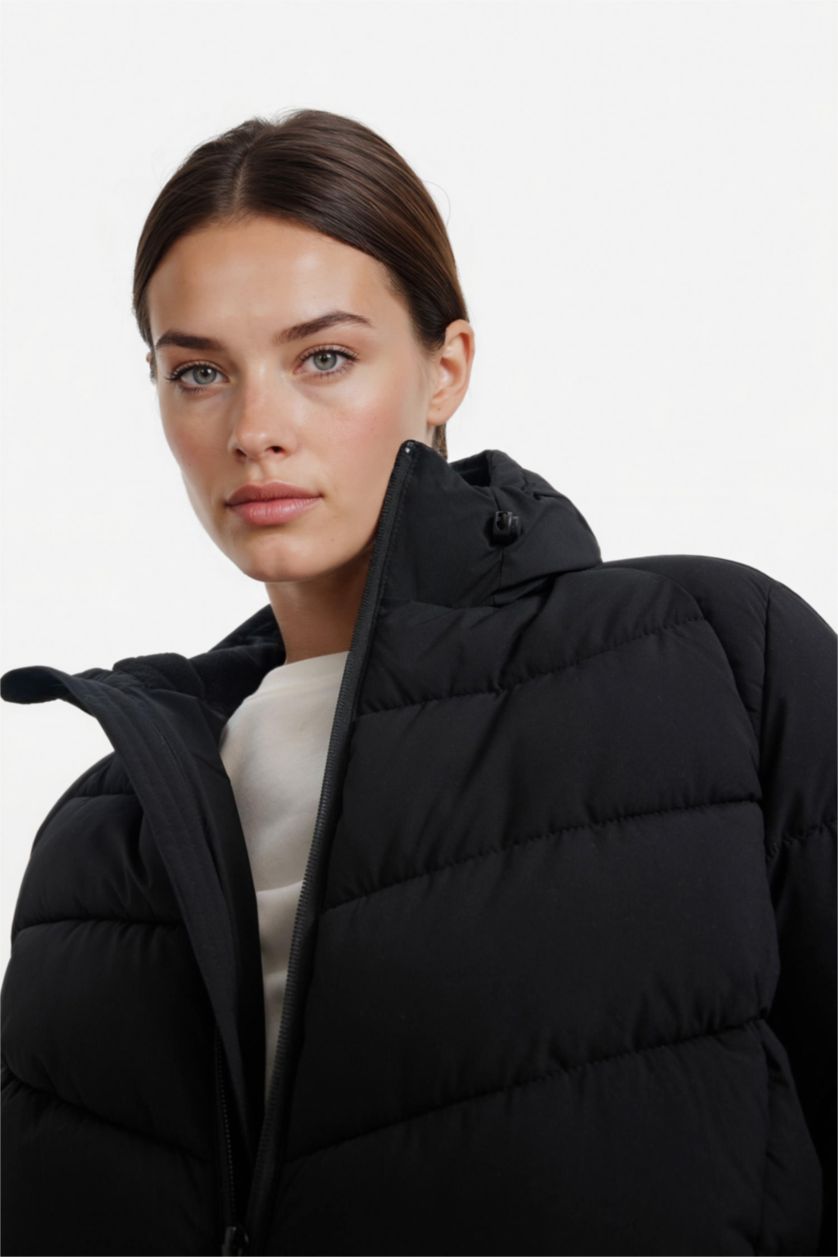 WOMAN Black Waterproof Regular Fit Hooded Zip-Up Puffer Jacket