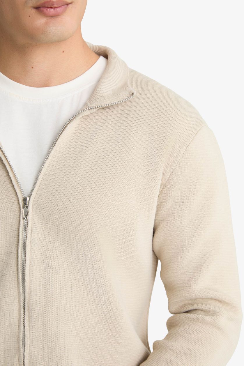 Erkek Kum Standart Fit Dik Yaka Fermuarlı Triko Hırka