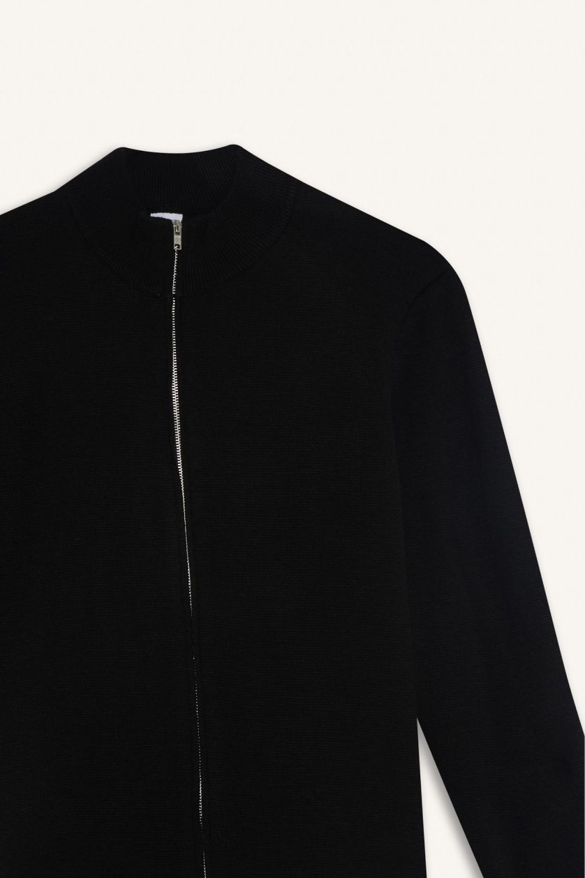 Erkek Siyah Standart Fit Dik Yaka Fermuarlı Triko Hırka