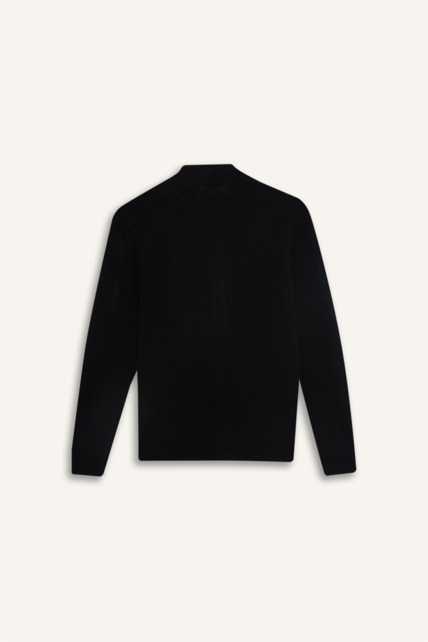 Erkek Siyah Standart Fit Dik Yaka Fermuarlı Triko Hırka