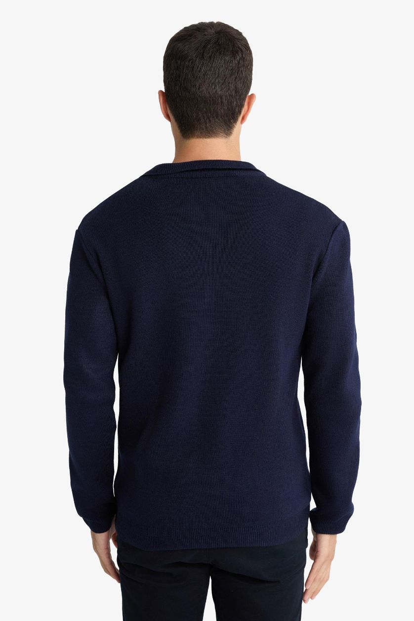 Erkek Lacivert Standart Fit Dik Yaka Fermuarlı Triko Hırka