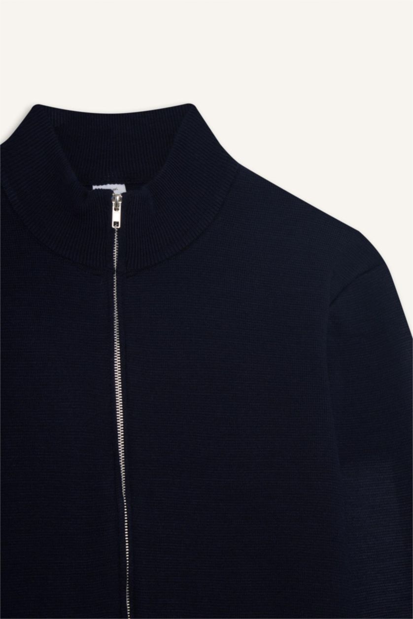 Erkek Lacivert Standart Fit Dik Yaka Fermuarlı Triko Hırka