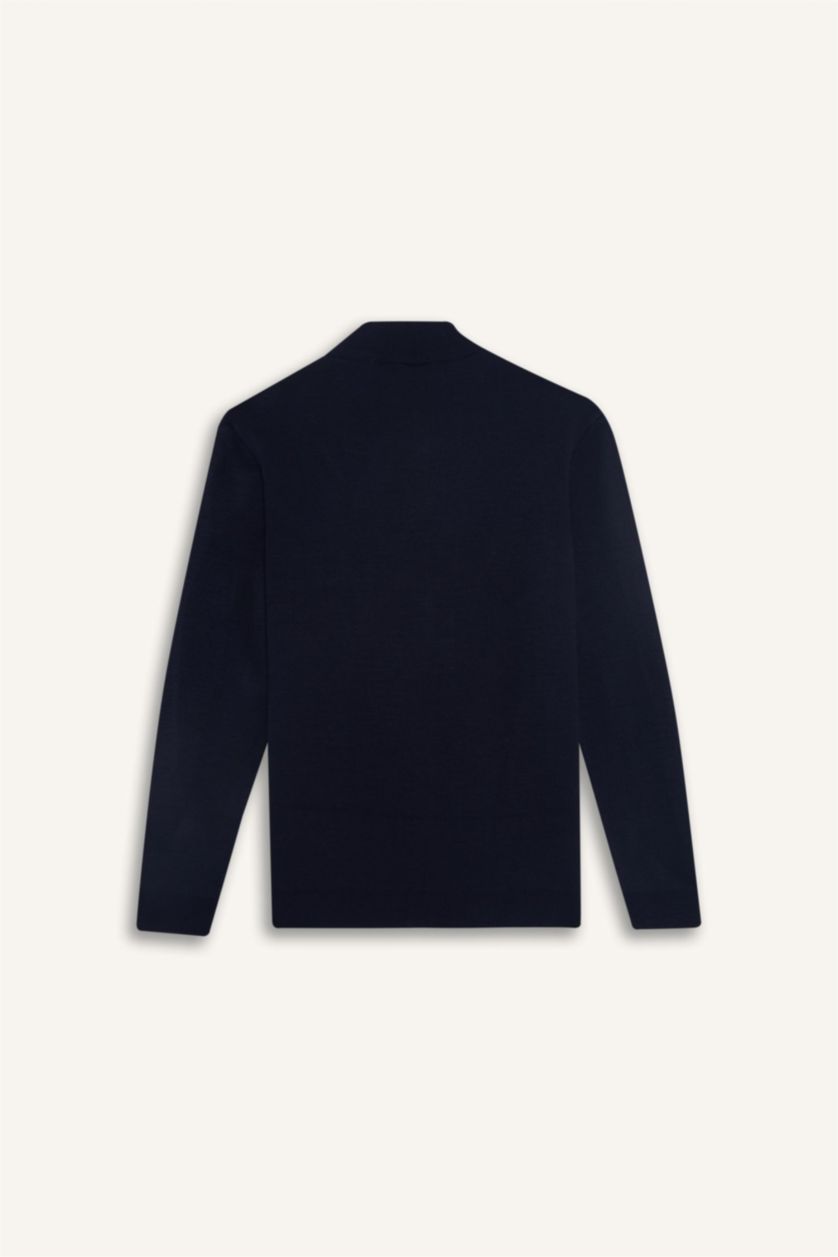 Erkek Lacivert Standart Fit Dik Yaka Fermuarlı Triko Hırka