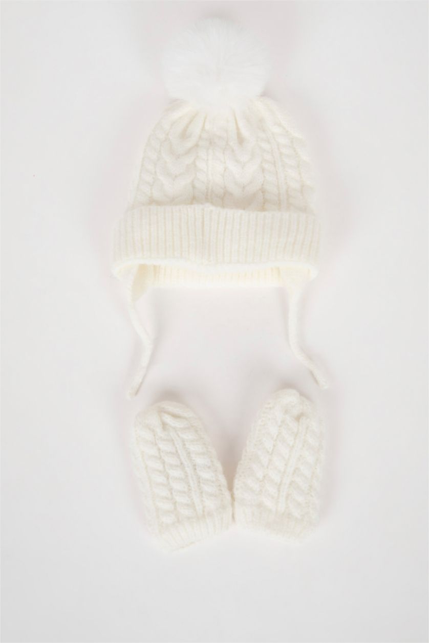 BÉBÉ FILLE Blanc Bonnet à Pompon et Gants en tricot pour BéBé Fille