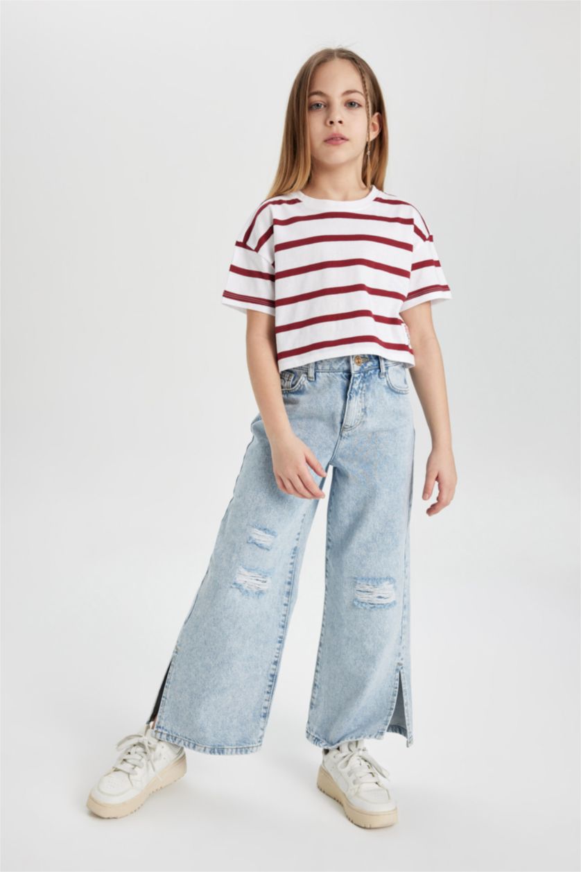 GIRLS & TEENS Ecru Girl Combed Cotton Striped Short Sleeve T-Shirt