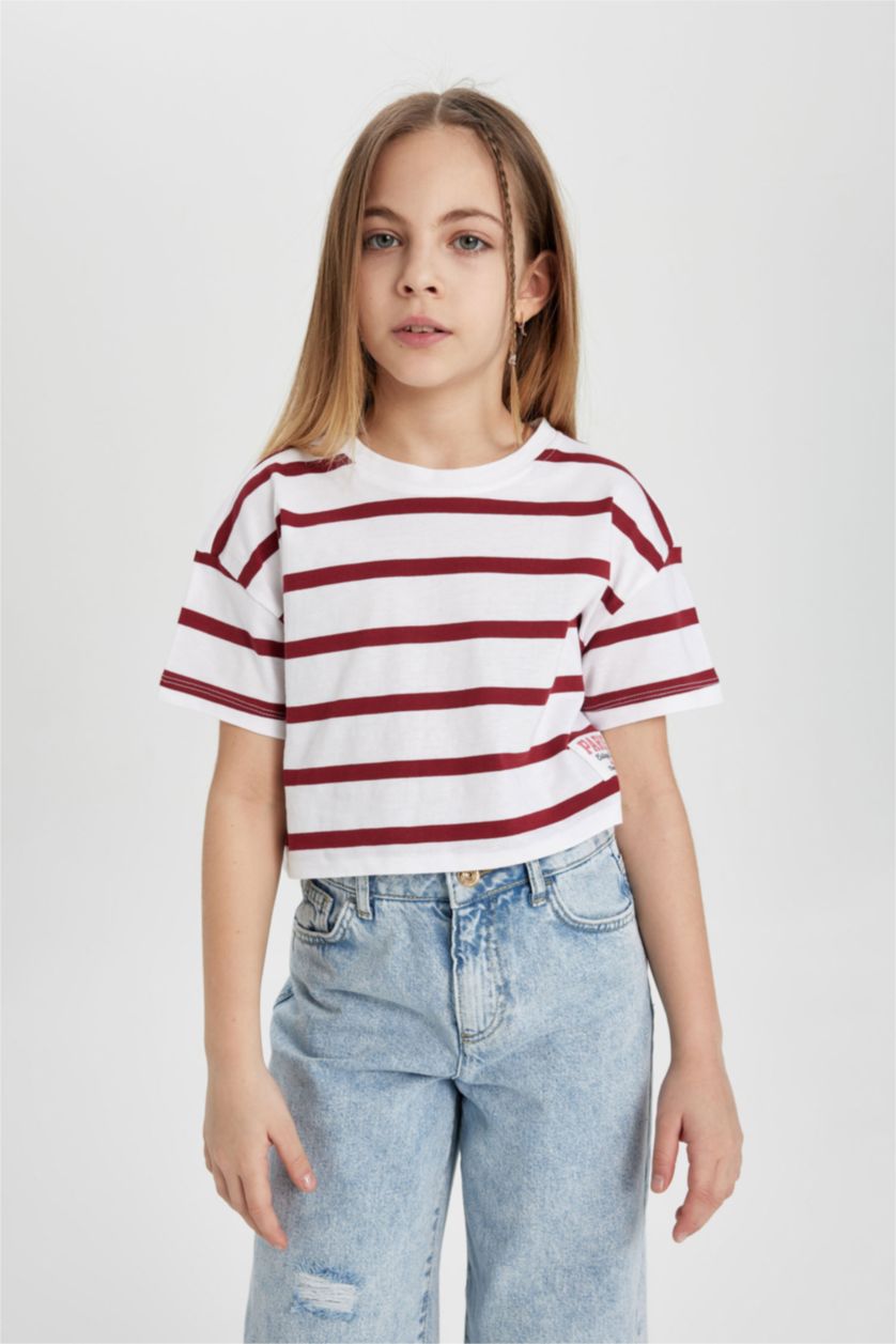GIRLS & TEENS Ecru Girl Combed Cotton Striped Short Sleeve T-Shirt