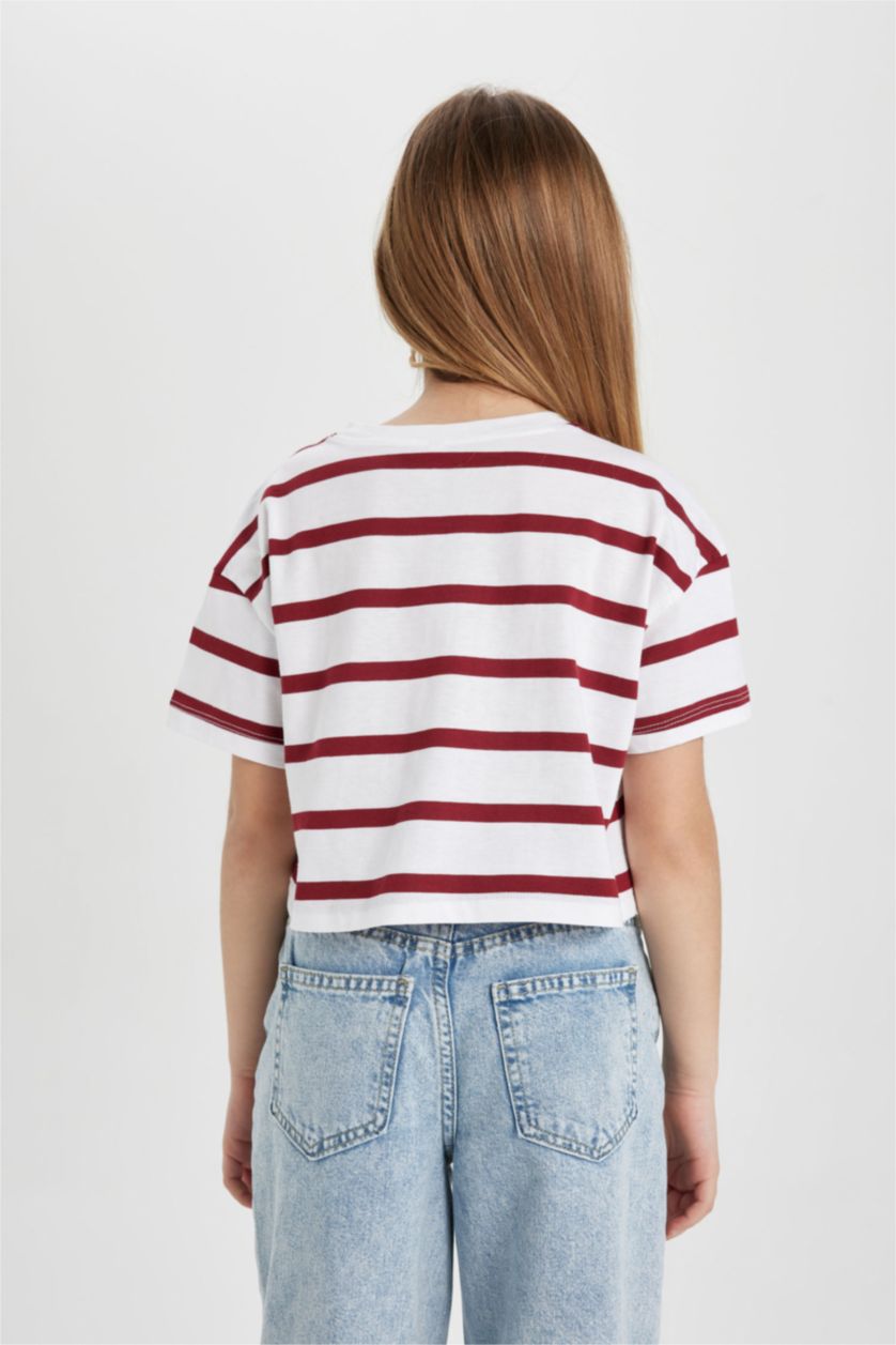 GIRLS & TEENS Ecru Girl Combed Cotton Striped Short Sleeve T-Shirt